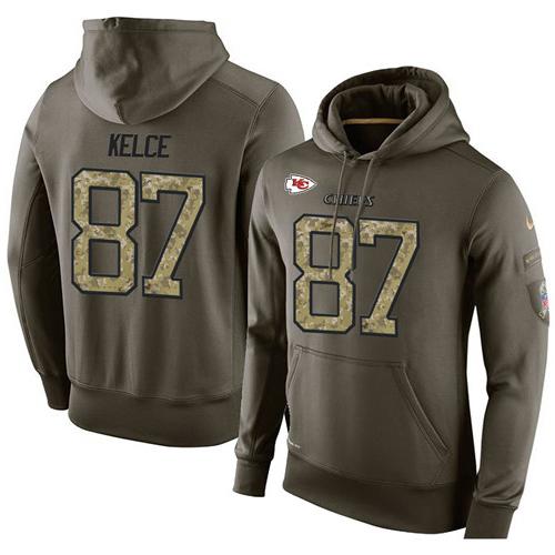 NFL Men's Nike Kansas City Chiefs #87 Travis Kelce Stitched Green Olive Salute To Service KO Performance Hoodie - Click Image to Close